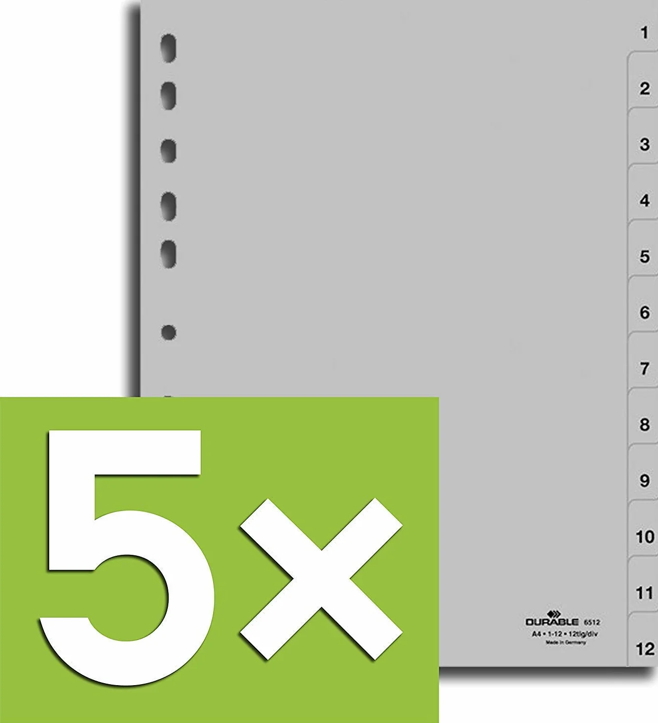 Durable Rejestr do DIN A4, całkowicie kryjący (5 szt. – szary, 1-12)