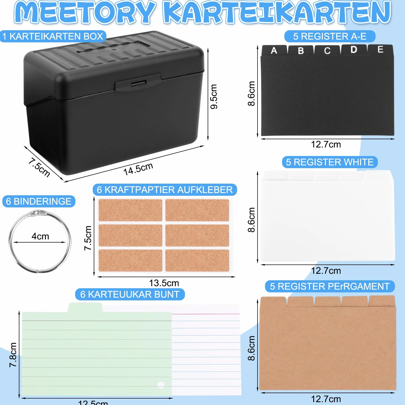 Pudełko na dokumenty, czarne, 14 x 7,8 x 8,8 cm, z 280 kolorowymi kartami, 15 dzienników, 6 pierścieni, 6 naklejek, dla uczniów, nauki, notatek szkolnych, biura, domu