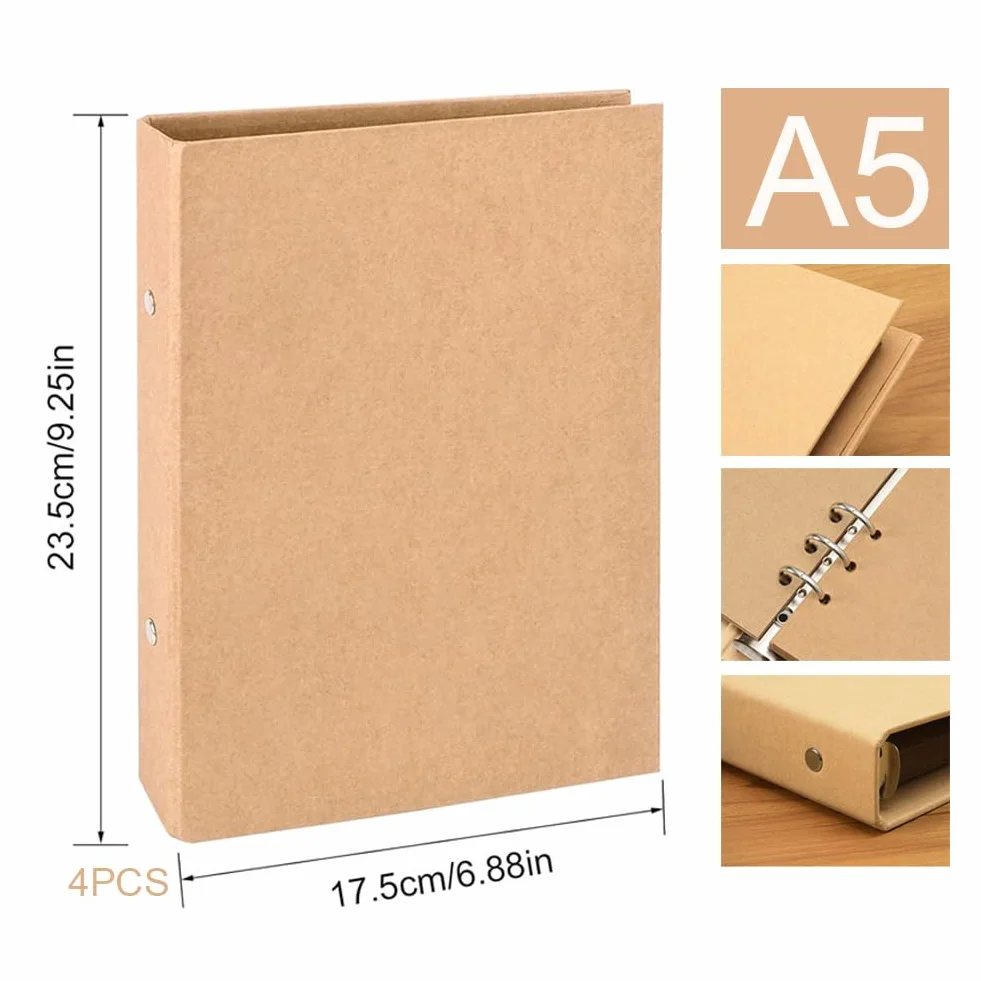 4 sztuki segregatorów A5, do uzupełniania, papier, 6 otworów, segregator A5, okładka, papier typu kraft, do wypełniania notebooka, biura, artykułów piśmienniczych