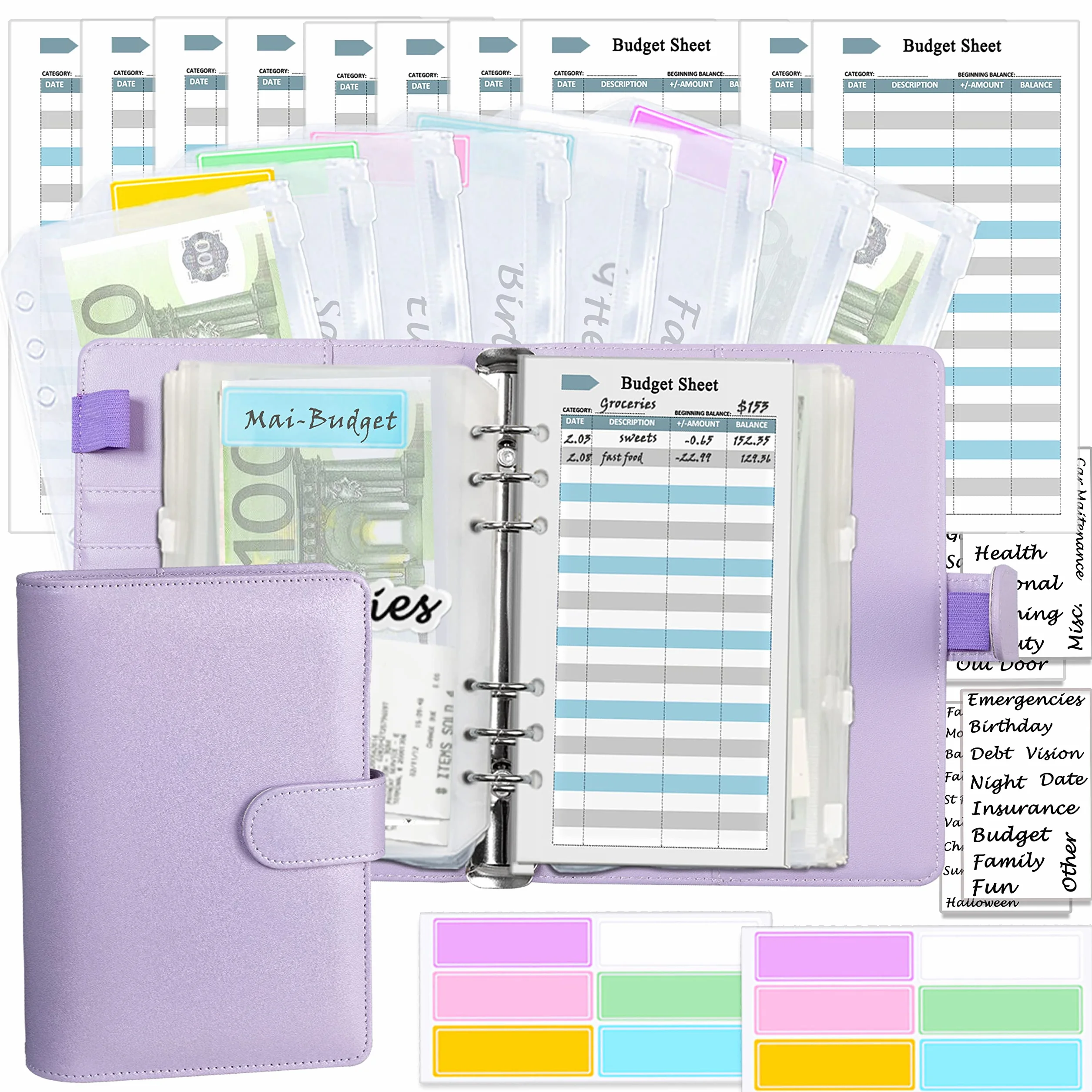 Harphia A6 Budget Planner Kit, Budget Planner Set, with Money Envelopes, Budget Sheets, Matching Stickers and Labels, 7.4 x 5.71 inches/18.8 x 14.5 cm (NPNB-140F-A6-Purple)