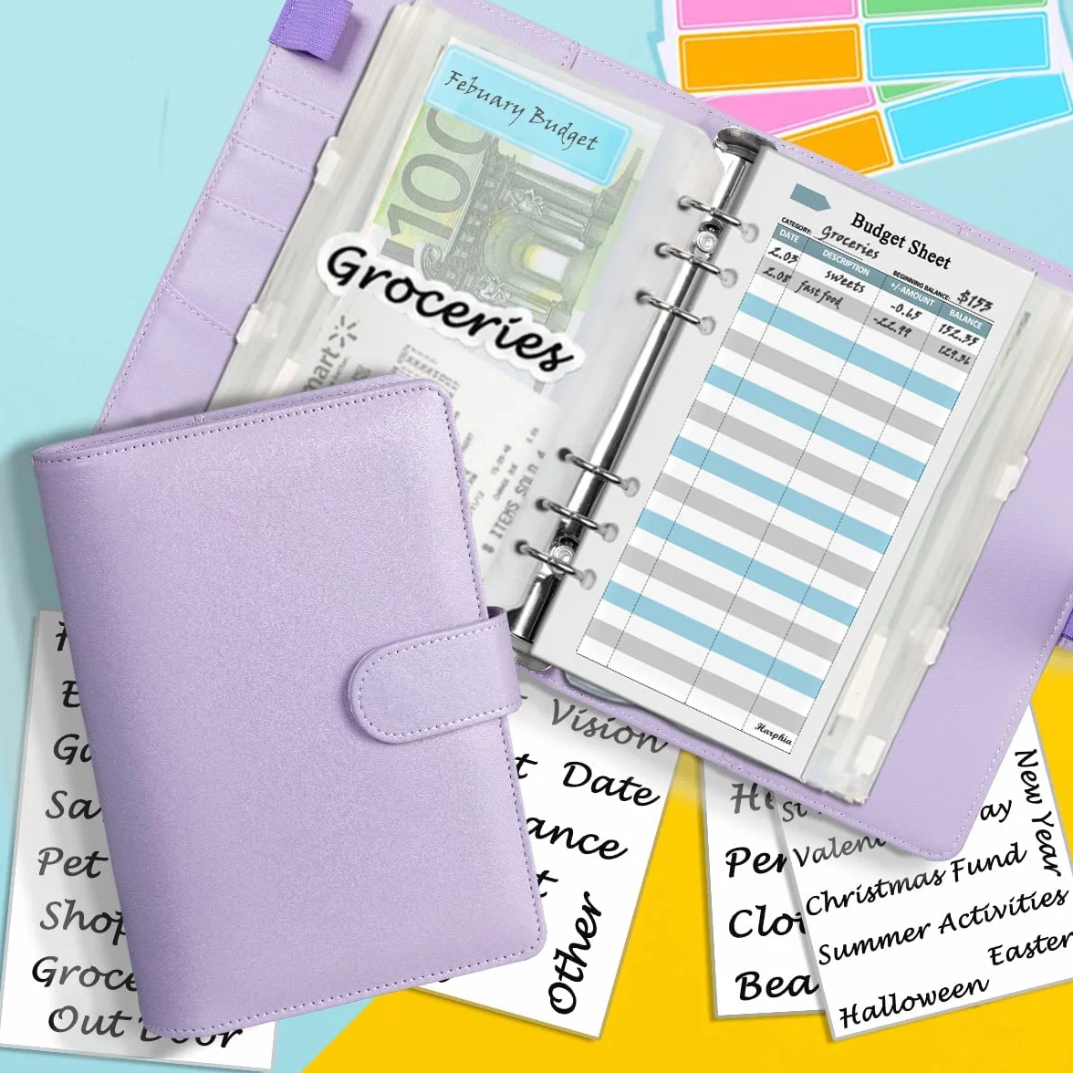 Harphia A6 Budget Planner Kit, Budget Planner Set, with Money Envelopes, Budget Sheets, Matching Stickers and Labels, 7.4 x 5.71 inches/18.8 x 14.5 cm (NPNB-140F-A6-Purple)