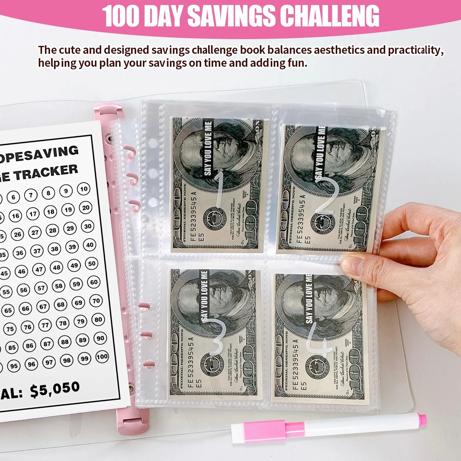 Planer budżetowy w formacie A5, oszczędność pieniędzy, 100 Envelope Saving Challenge, różowy segregator budżetowy, format A5, oszczędność pieniędzy, organizer na koperty, segregator wyzwania do szkoły