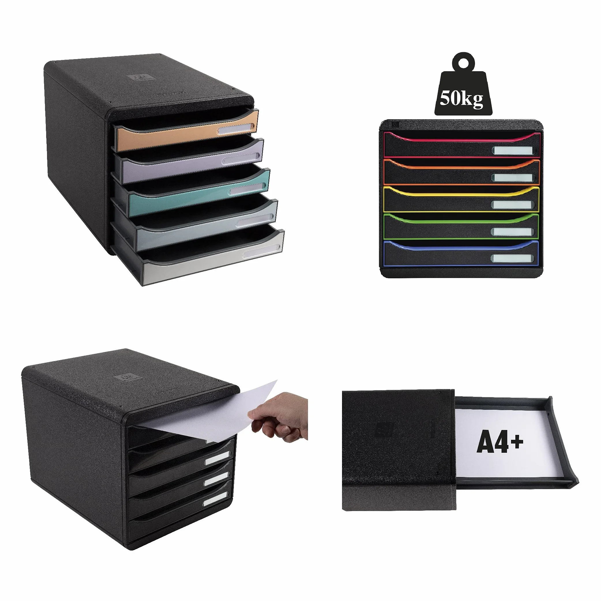 Exacompta 3097294D organizer Premium Big Box Shades Of Grey 5 szuflad o dużej pojemności pojemnik na dokumenty A4+ dla większej ilości miejsca na biurku szafka w różnych odcieniach szarości