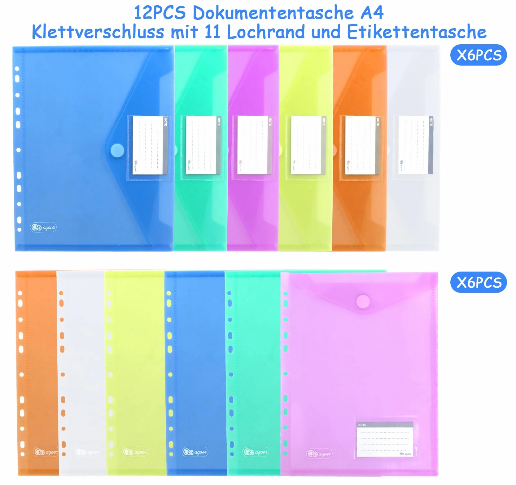 Agoer Segregator A4, czarny segregator na dokumenty z 12 plastikowymi rękawami w 6 kolorach, plastikowe przekładki, etykiety do zapisywania i przegródki na karty, teczka ekspozycyjna, idealna na