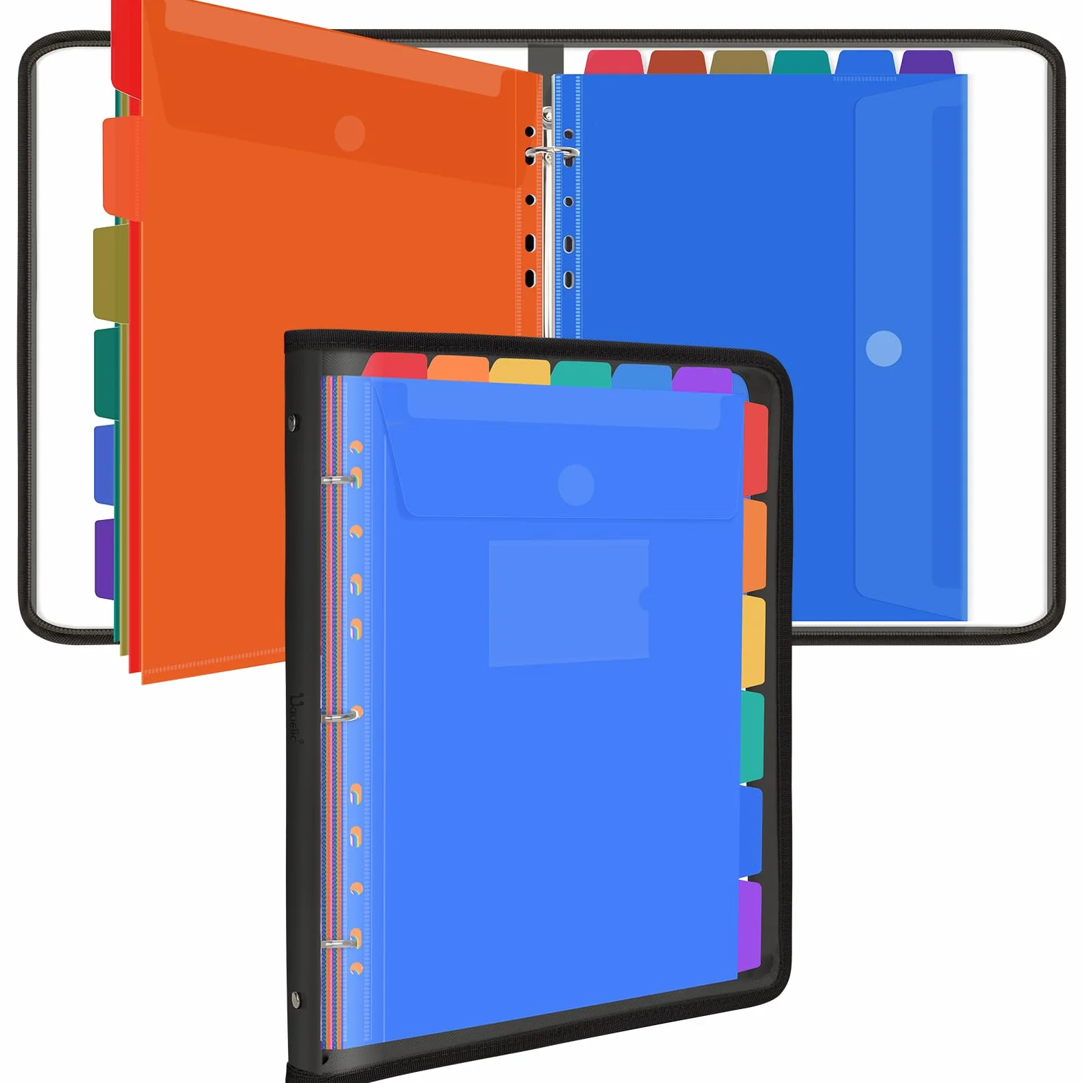 Uquelic Segregator A4, segregator pierścieniowy, 12 perforowanych kieszeni, przezroczysta torba winylowa z zamkiem błyskawicznym, ładna, wodoodporna teczka z PCW, do szkoły, domu, domu