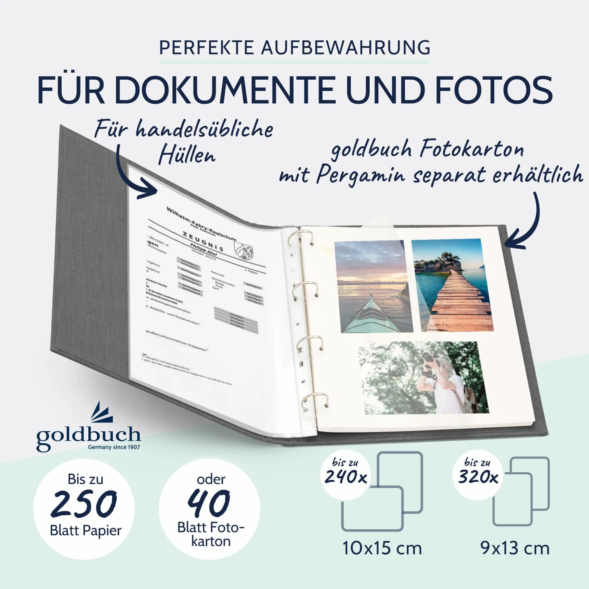 goldbuch 37725 Bella Vista, album fotograficzny 26 x 32 cm, fotoksiążka z lnu, segregator na zdjęcia do samodzielnego ozdobienia i wypełnienia, format DIN A4, idealny na podróż i urlop, szary