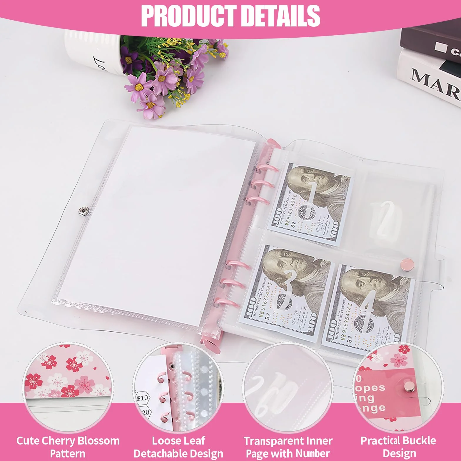 Planer budżetowy w formacie A5, oszczędność pieniędzy, 100 Envelope Saving Challenge, różowy segregator budżetowy, format A5, oszczędność pieniędzy, organizer na koperty, segregator wyzwania do szkoły