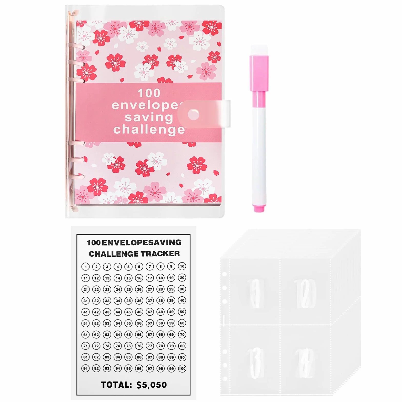 Planer budżetowy w formacie A5, oszczędność pieniędzy, 100 Envelope Saving Challenge, różowy segregator budżetowy, format A5, oszczędność pieniędzy, organizer na koperty, segregator wyzwania do szkoły
