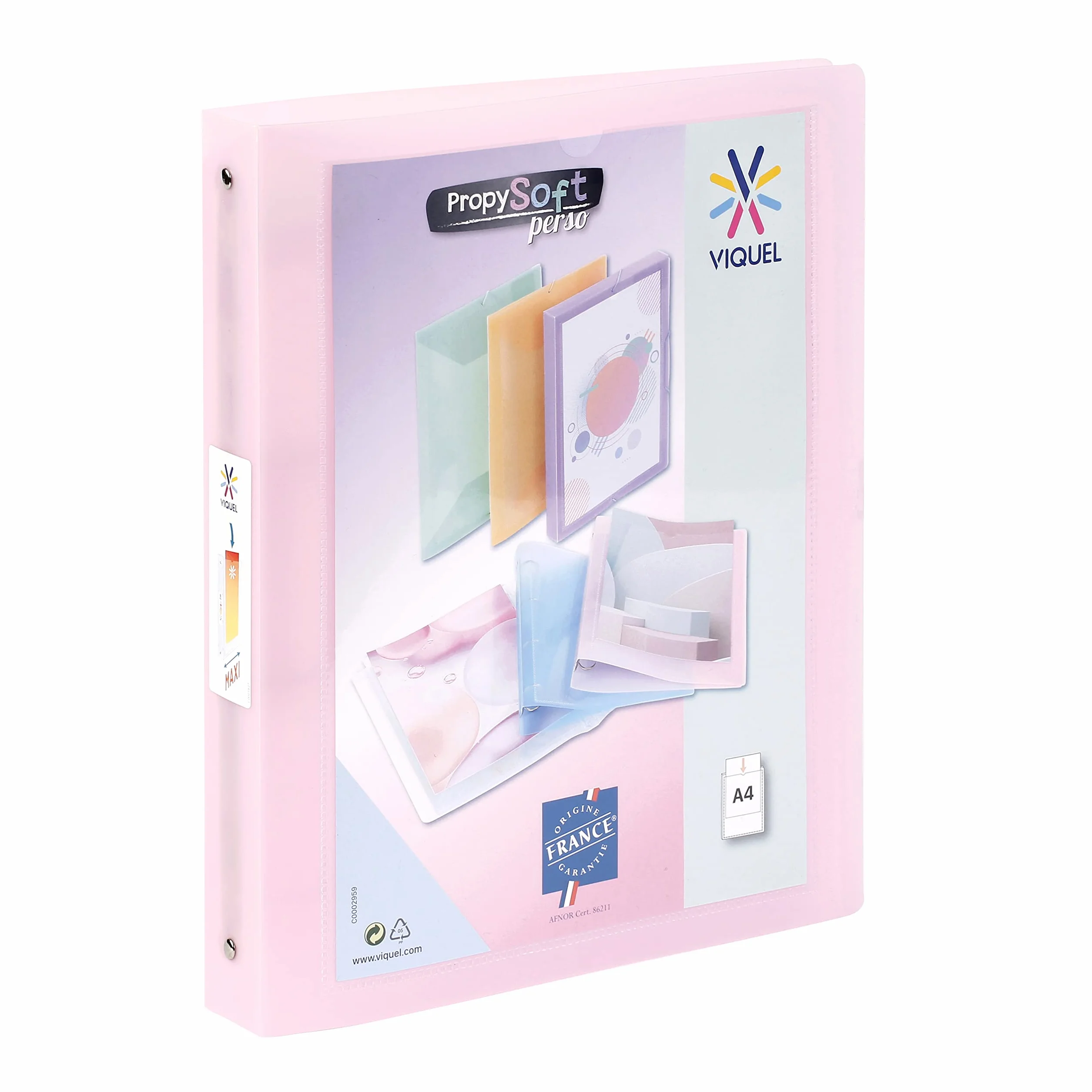 Viquel - segregator A4 MAXI z możliwością personalizacji, 4 pierścienie, tył 4 cm, do dokumentów A4, półprzezroczysty różowy