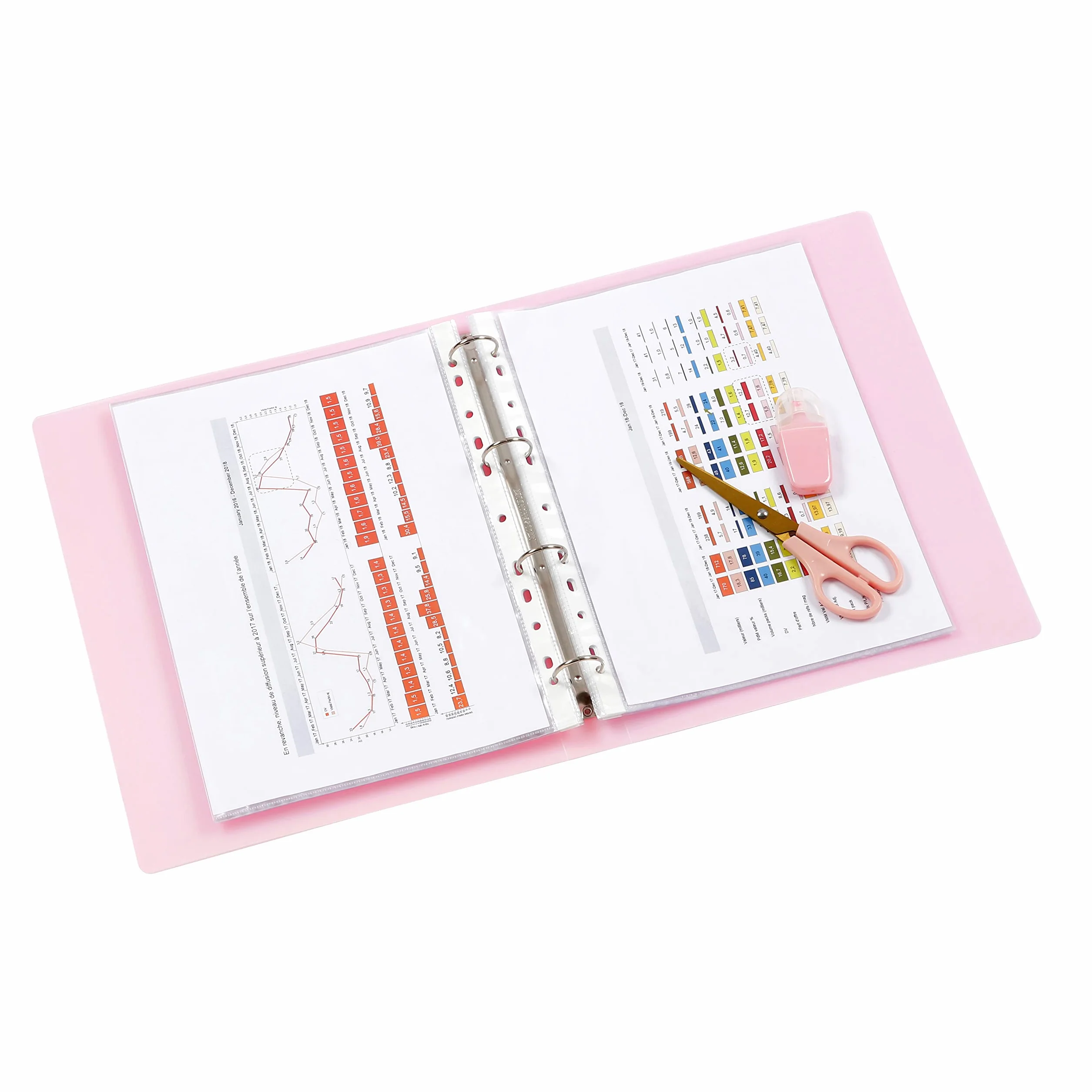 Viquel - segregator A4 MAXI z możliwością personalizacji, 4 pierścienie, tył 4 cm, do dokumentów A4, półprzezroczysty różowy