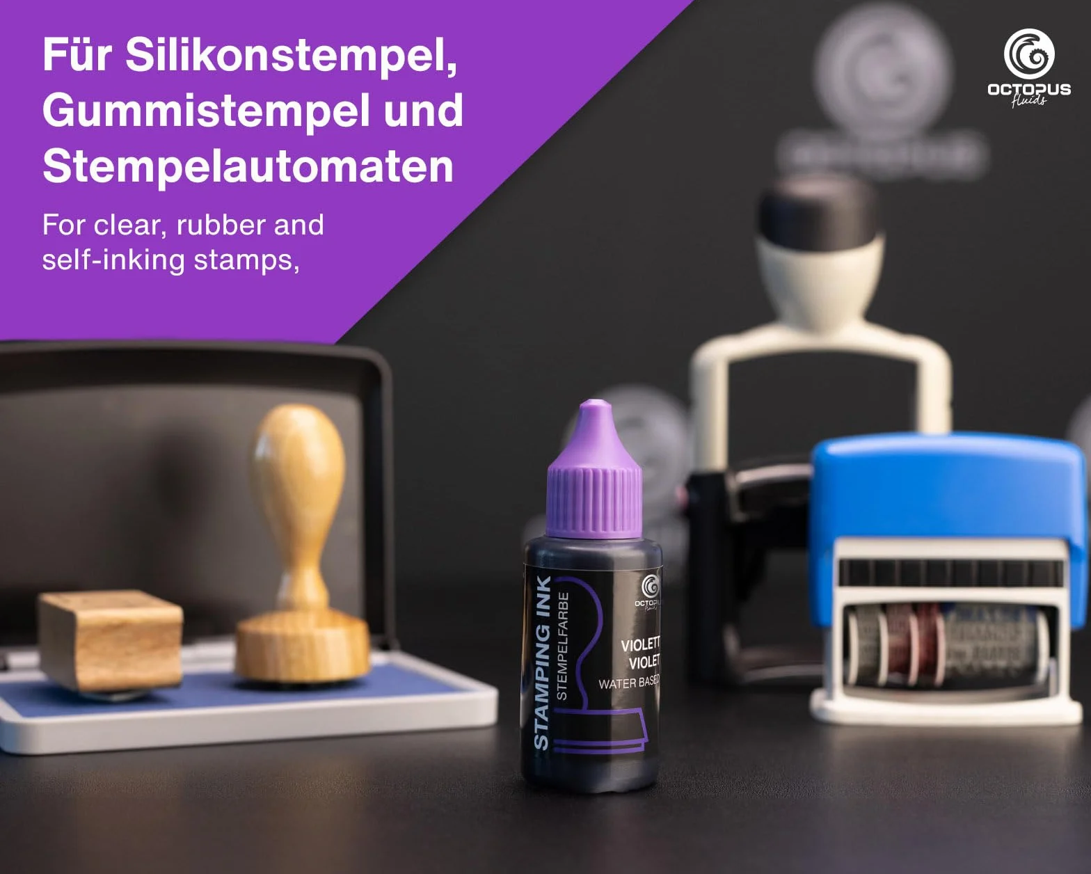 Octopus Tusz do stemplowania płynów, tusz do wielokrotnego napełniania do stempli i automatycznych maszyn do stemplowania, tusz do stemplowania 30 ml, fioletowy bez oleju