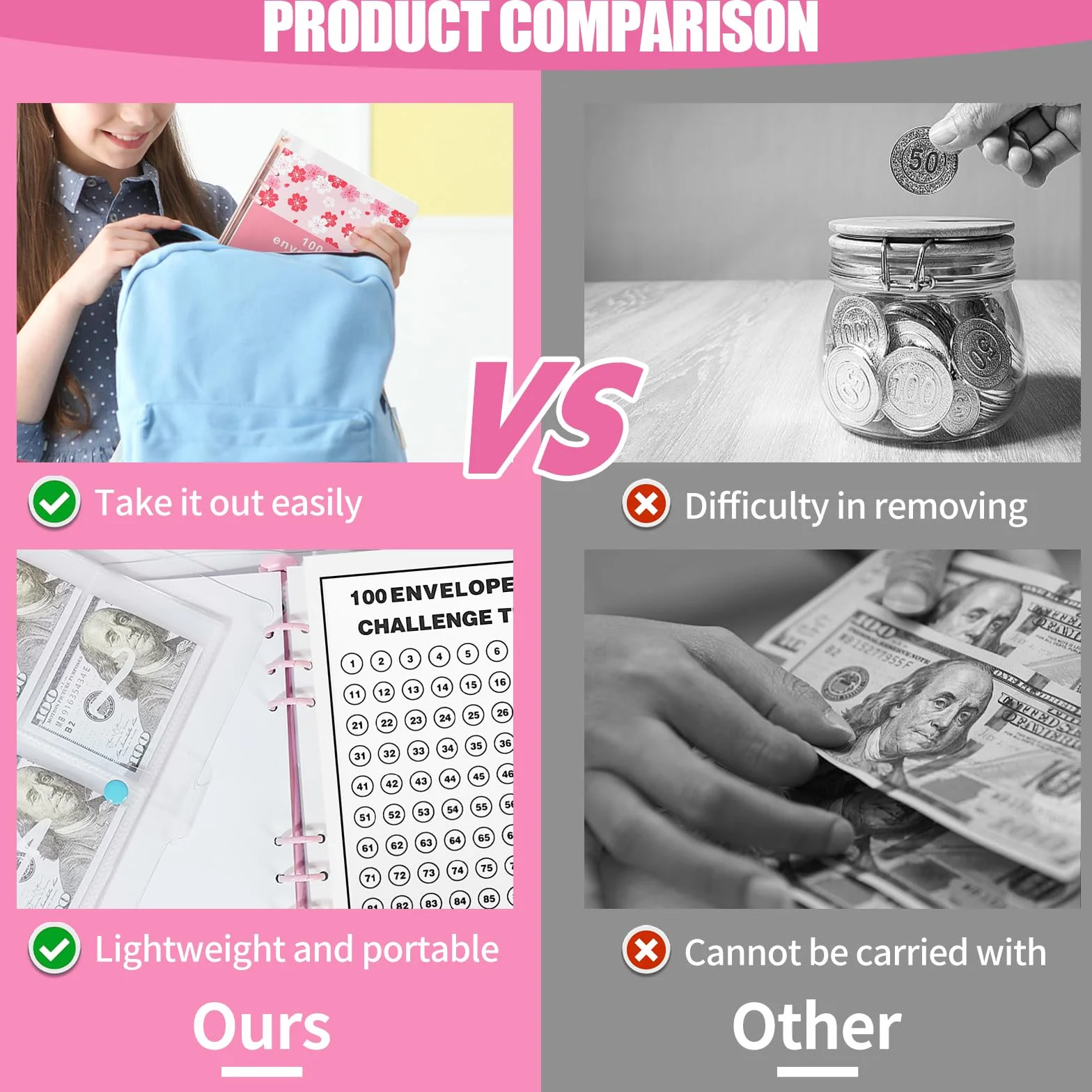 Planer budżetowy w formacie A5, oszczędność pieniędzy, 100 Envelope Saving Challenge, różowy segregator budżetowy, format A5, oszczędność pieniędzy, organizer na koperty, segregator wyzwania do szkoły