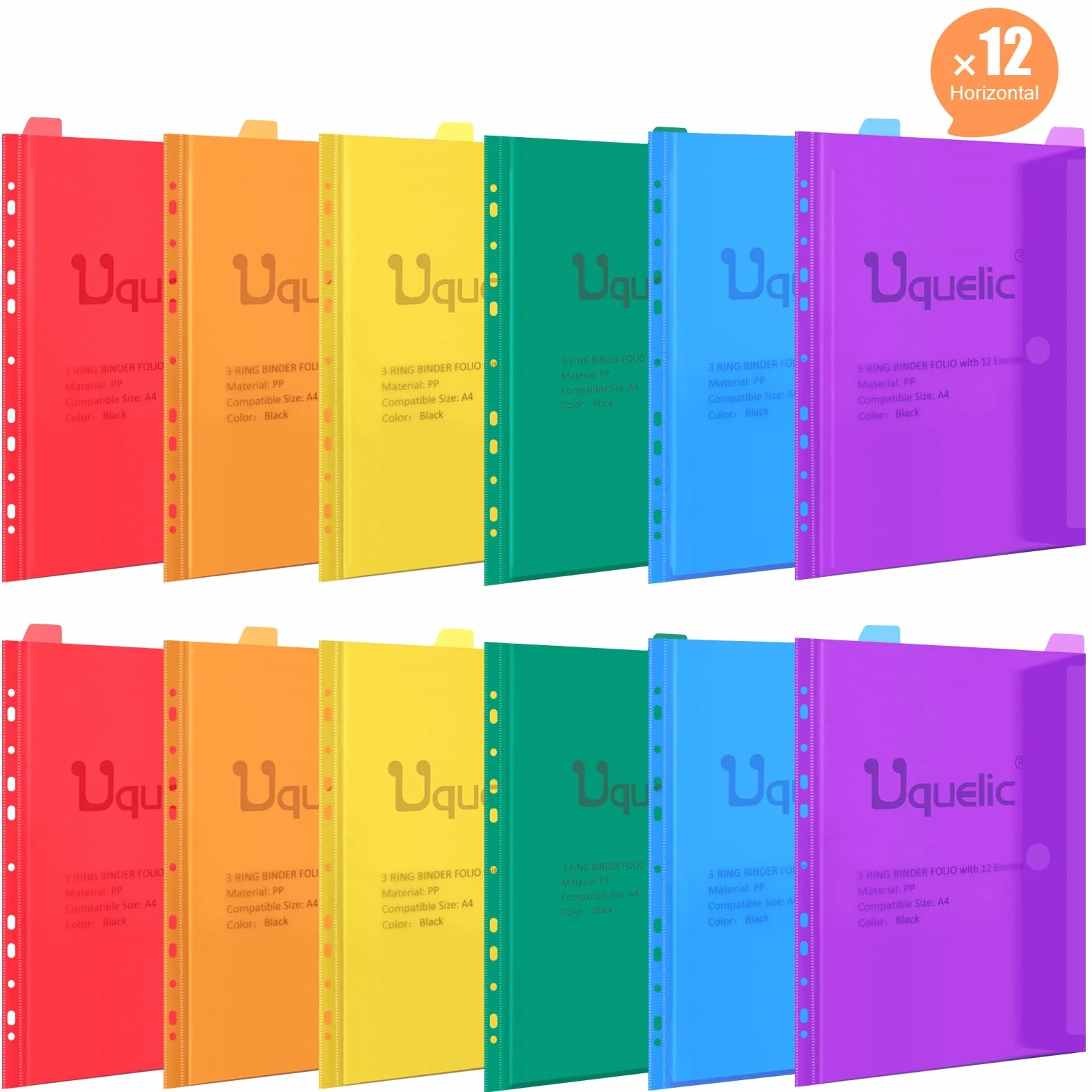 Uquelic Segregator A4, segregator pierścieniowy, 12 perforowanych kieszeni, przezroczysta torba winylowa z zamkiem błyskawicznym, ładna, wodoodporna teczka z PCW, do szkoły, domu, domu