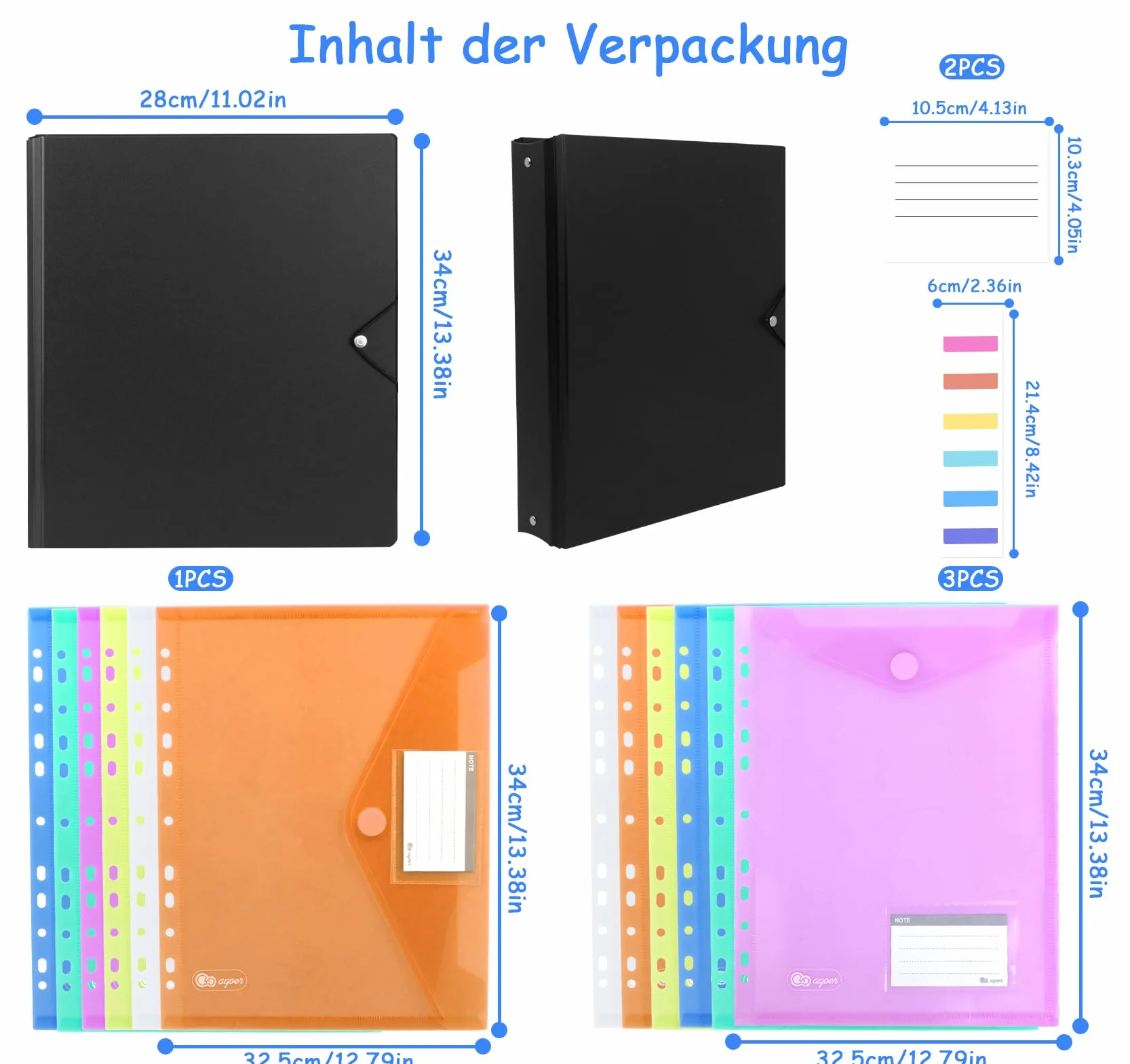 Agoer Segregator A4, czarny segregator na dokumenty z 12 plastikowymi rękawami w 6 kolorach, plastikowe przekładki, etykiety do zapisywania i przegródki na karty, teczka ekspozycyjna, idealna na