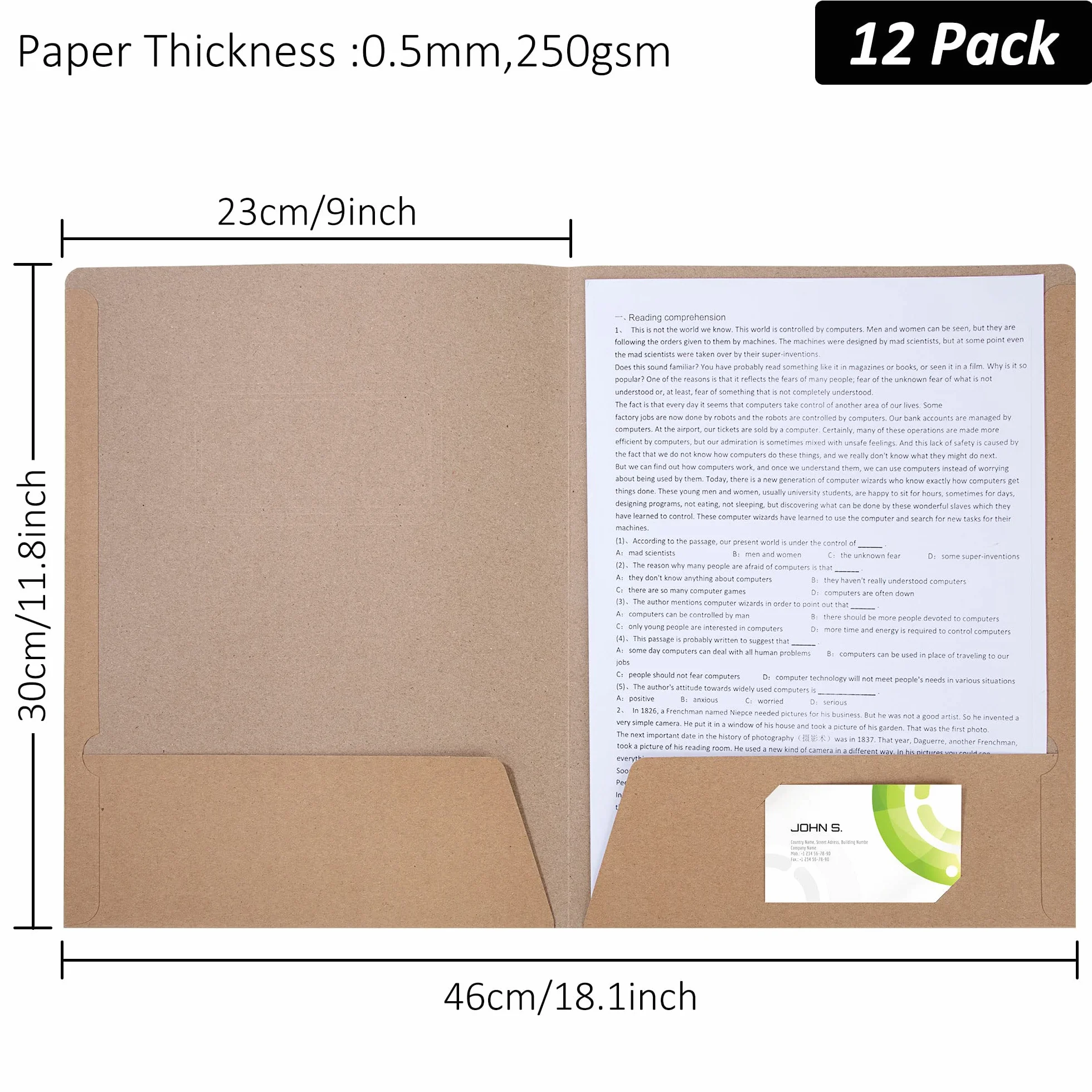 Teczka na dokumenty z papieru kraftowego, format A4, z dwoma kieszeniami, organizer do przechowywania dokumentów biurowych, raportów, materiałów prezentacyjnych, szkolnych dokumentów, 12 szt