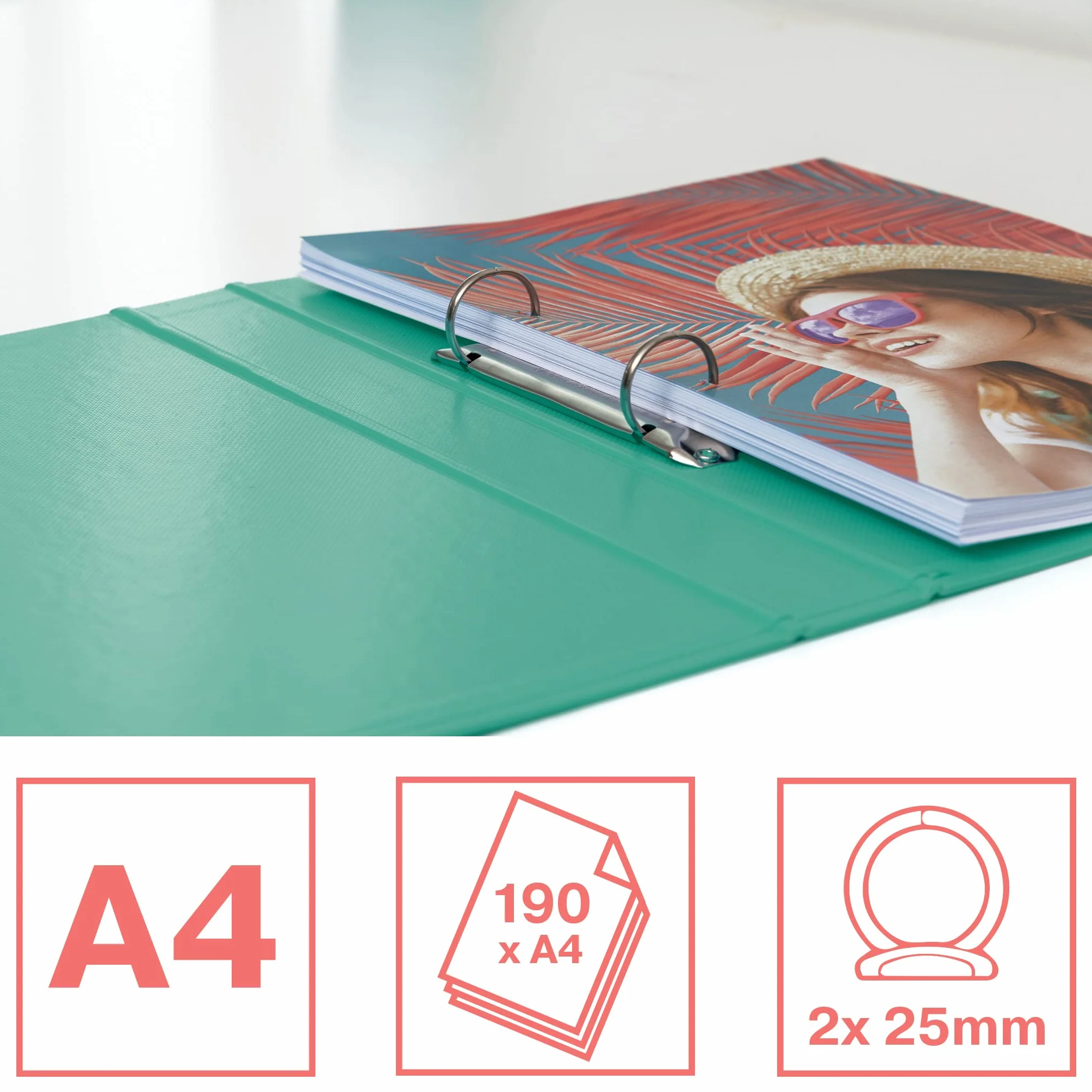 Esselte, Segregator 2-Ringowy Esselte Colour'Breeze, Twarda Oprawa, do 190 Kartek A4, do Domu/Biura, Grzbiet 42 mm, Wytłoczony Wzór, Kolor Zielony, 1 Sztuka, 626498
