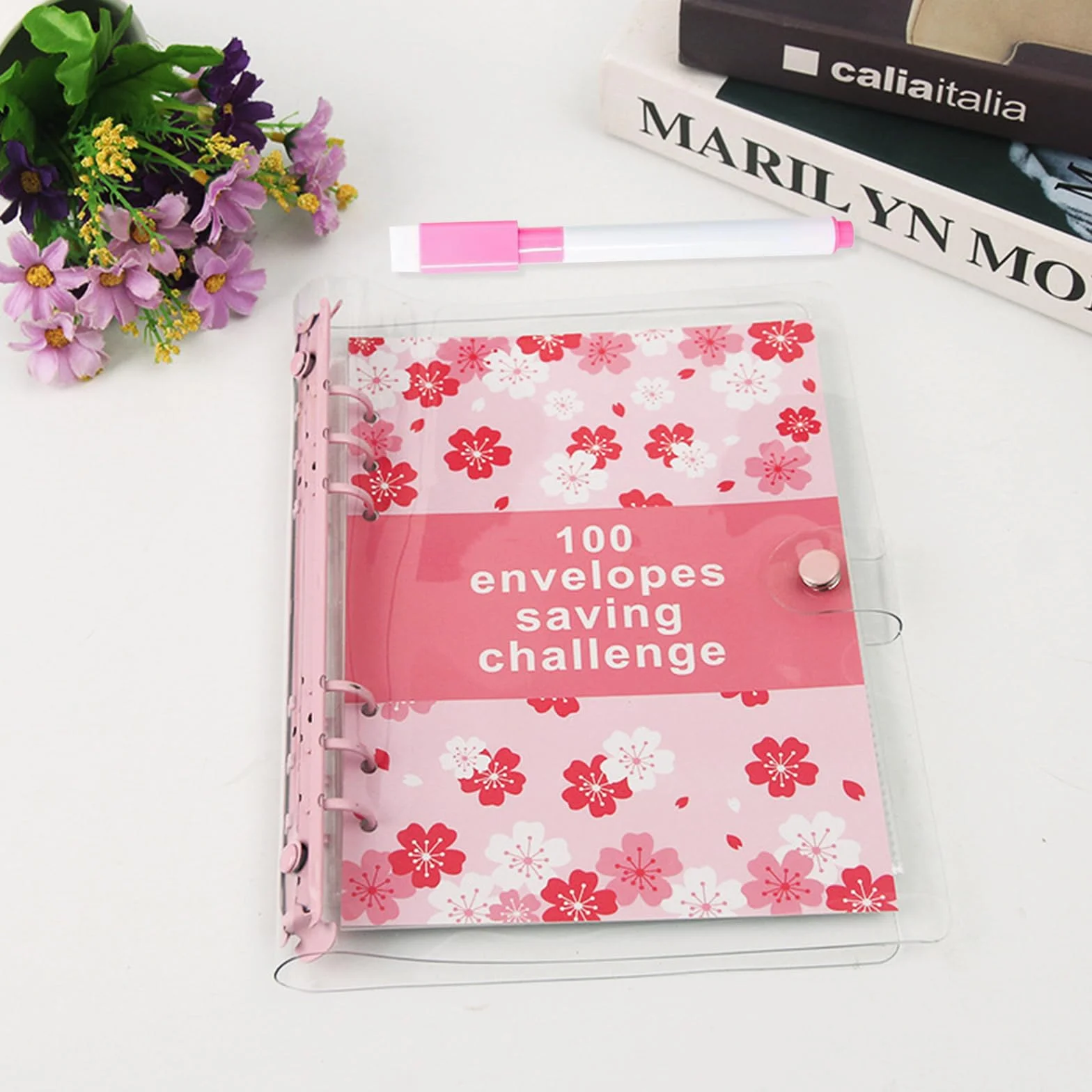 Planer budżetowy w formacie A5, oszczędność pieniędzy, 100 Envelope Saving Challenge, różowy segregator budżetowy, format A5, oszczędność pieniędzy, organizer na koperty, segregator wyzwania do szkoły