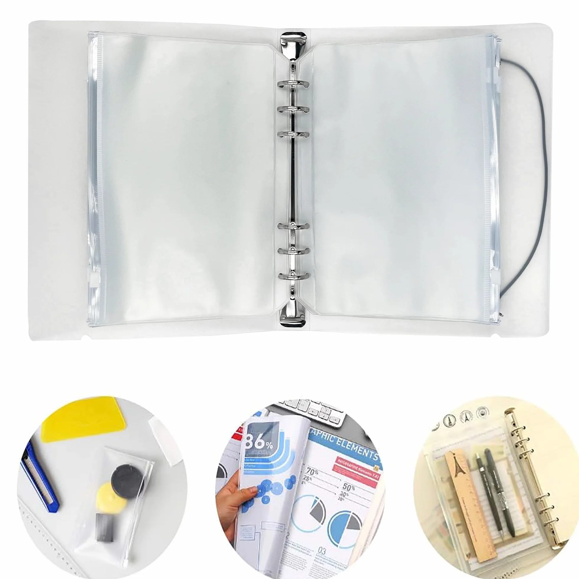 segregator A5 z 12 szt. kieszonkami na dokumenty i 1 szt. osłoną segregatora, plastikowe przezroczyste wodoodporne koperty na gotówkę, zasuwany segregator z kieszonkami z otworami, plastikowe