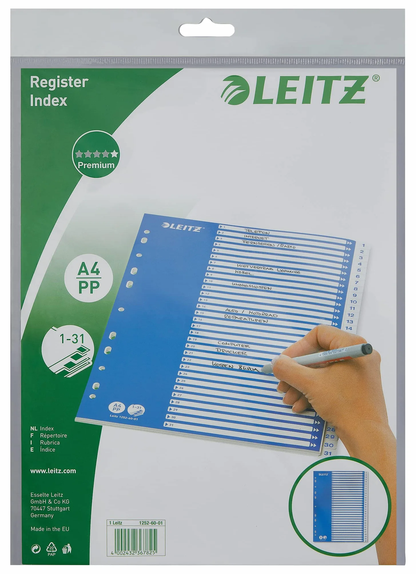 Leitz A4 1-31 Indeks, wytrzymałe tworzywo sztuczne i karton, niebieski/biały