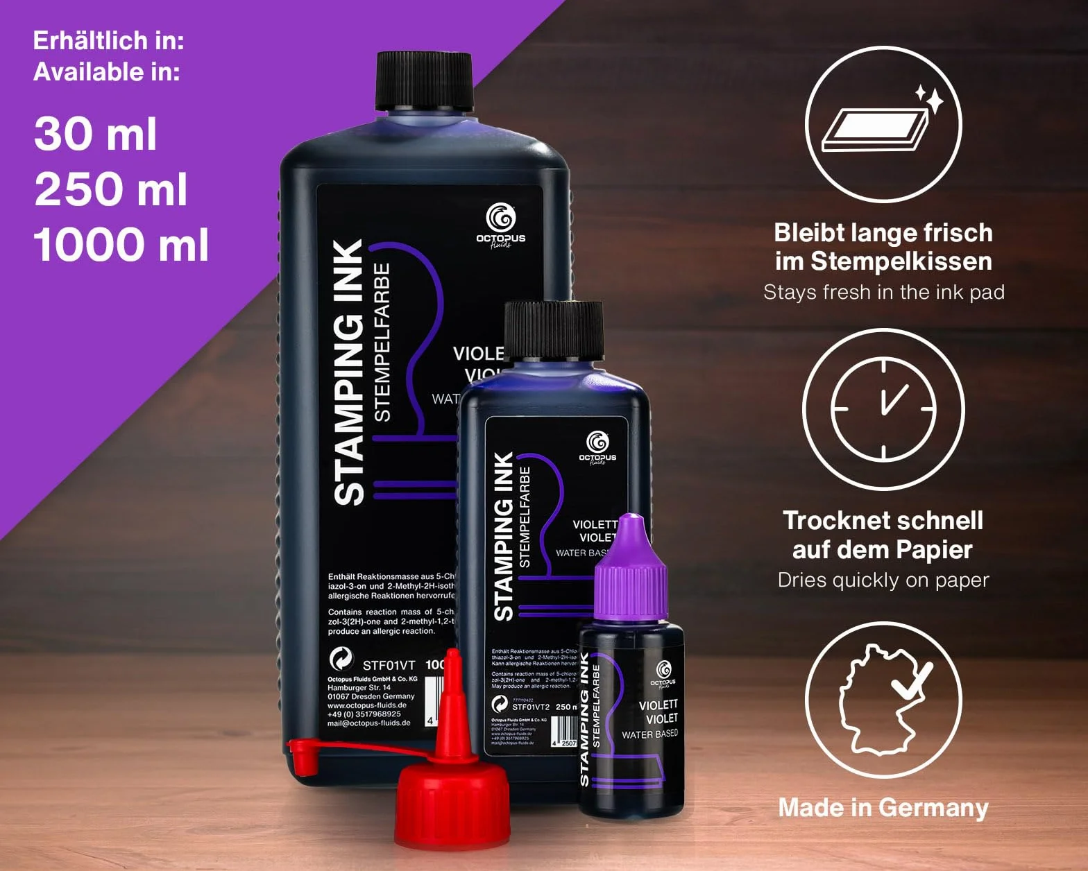 Octopus Tusz do stemplowania płynów, tusz do wielokrotnego napełniania do stempli i automatycznych maszyn do stemplowania, tusz do stemplowania 30 ml, fioletowy bez oleju