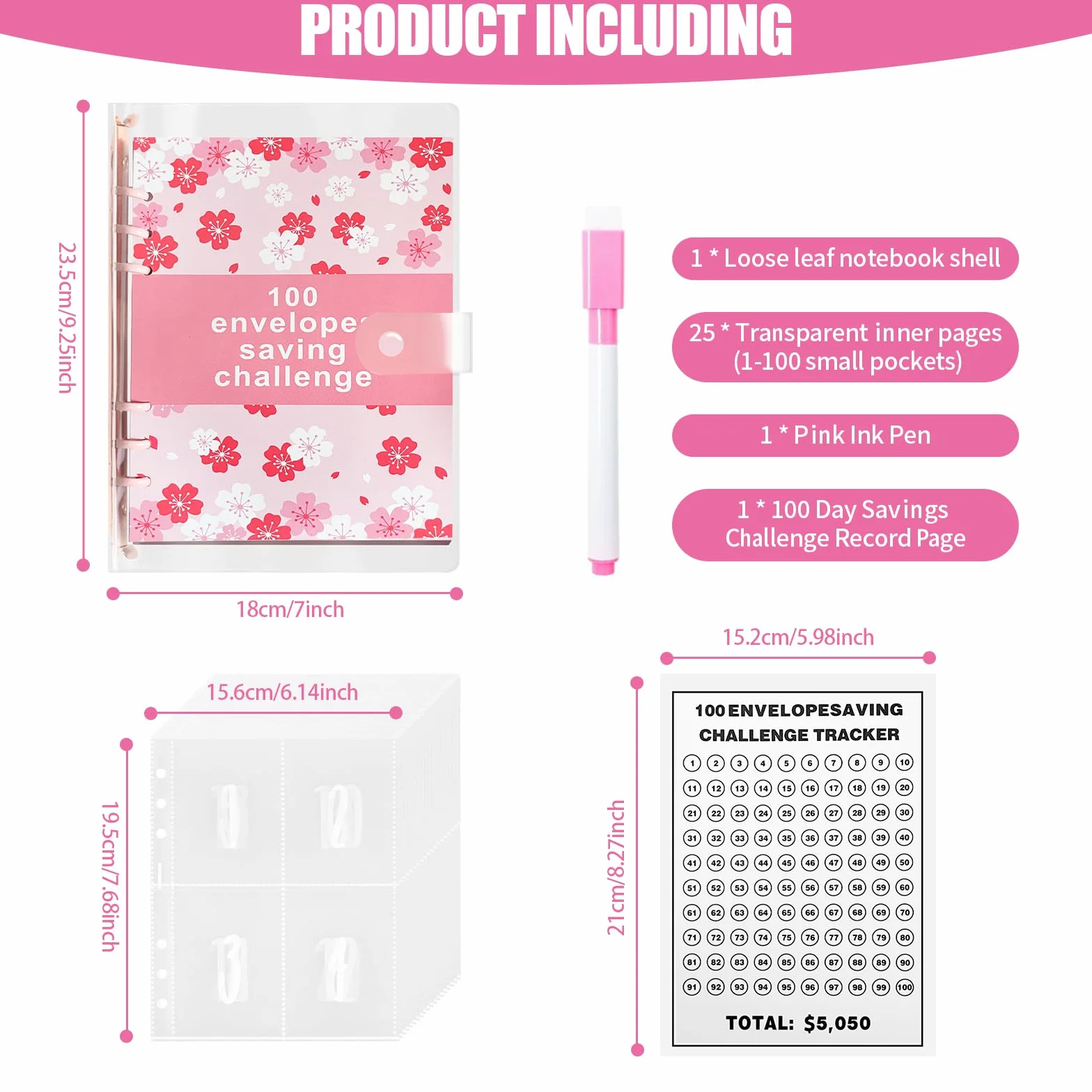 Planer budżetowy w formacie A5, oszczędność pieniędzy, 100 Envelope Saving Challenge, różowy segregator budżetowy, format A5, oszczędność pieniędzy, organizer na koperty, segregator wyzwania do szkoły